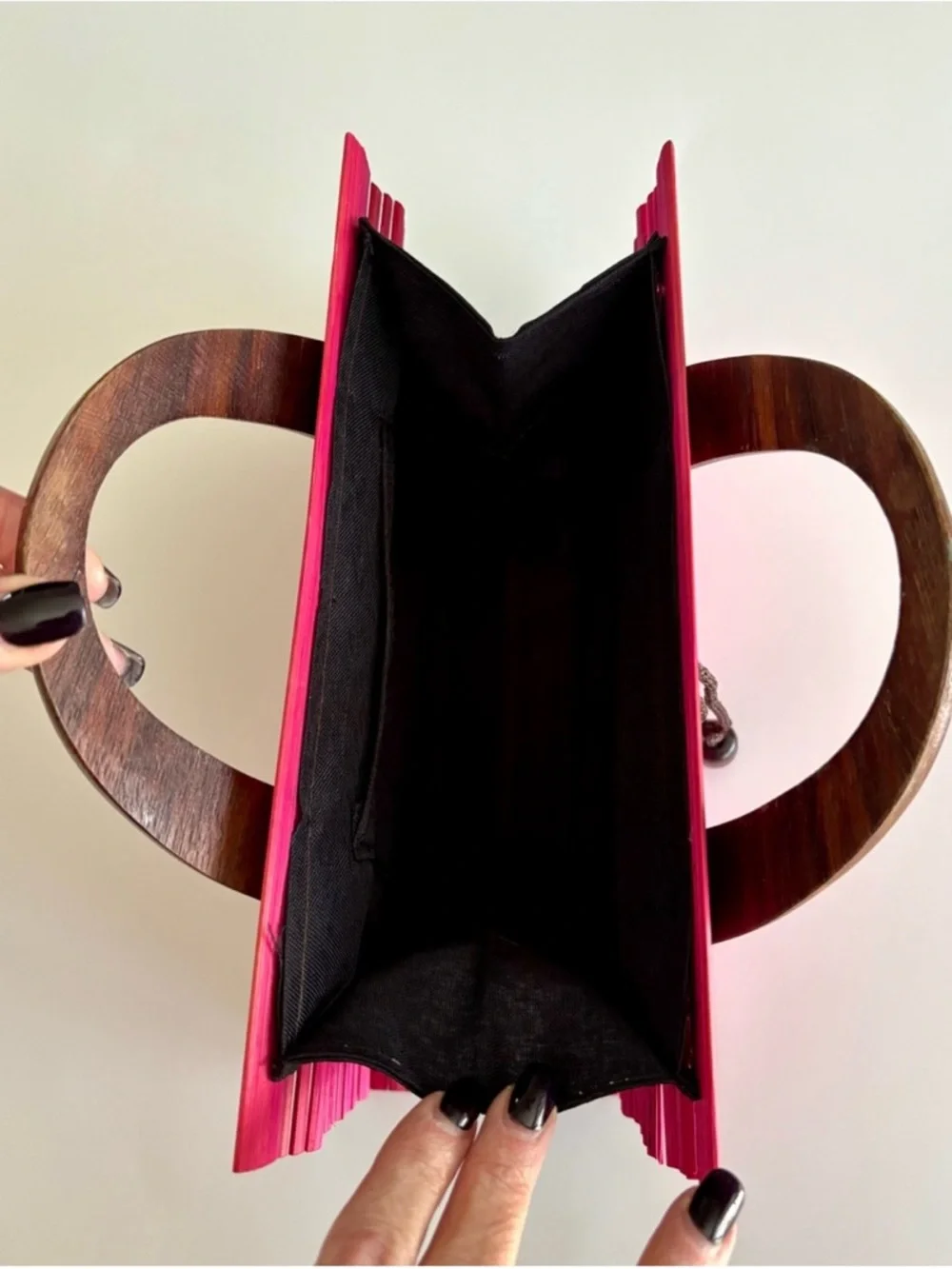 Pink Bamboo Slat Handbag Wooden Handles Boho Resort Bag